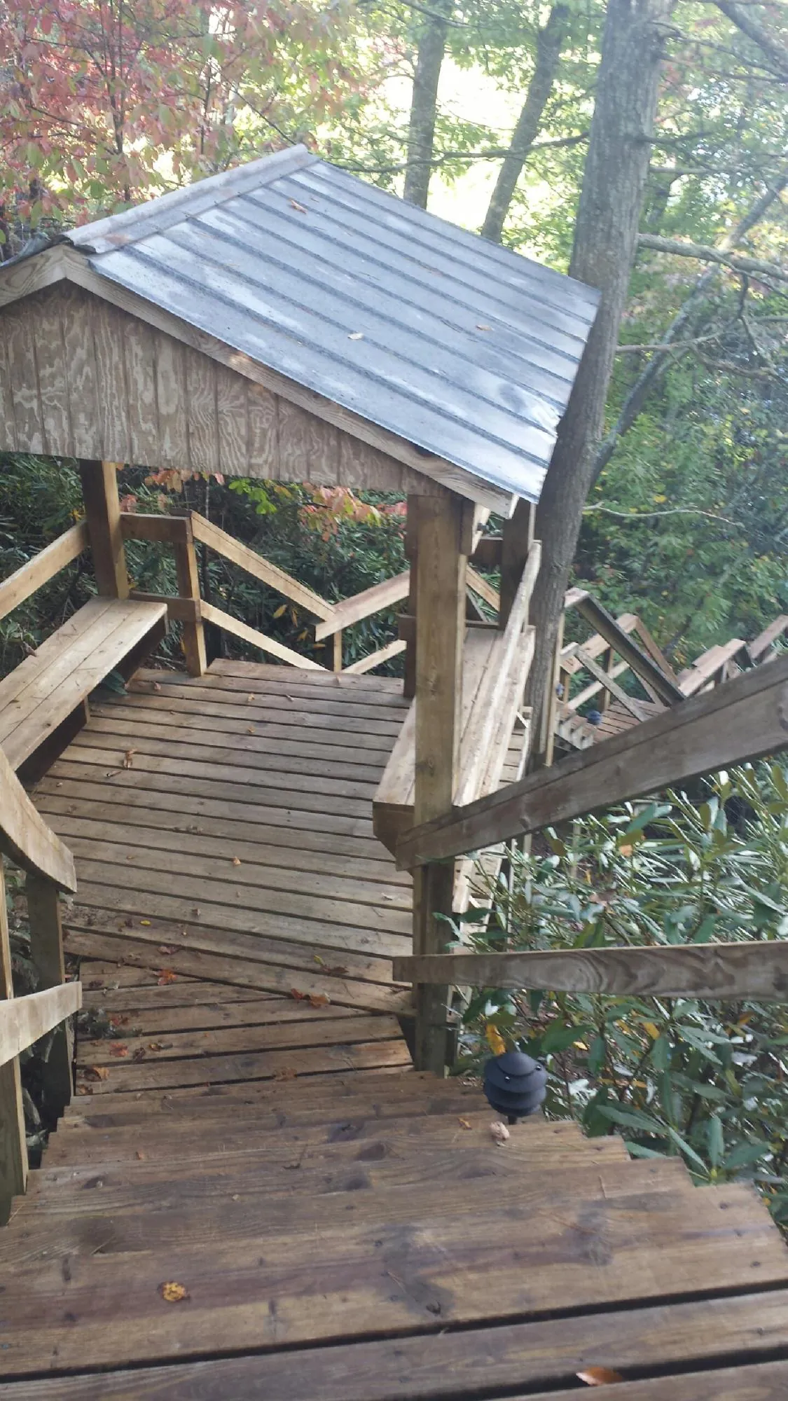 Metal roofed shelter over wooden steps on a wooded walkway — Skylight Repair & Installation work by our crew in Western